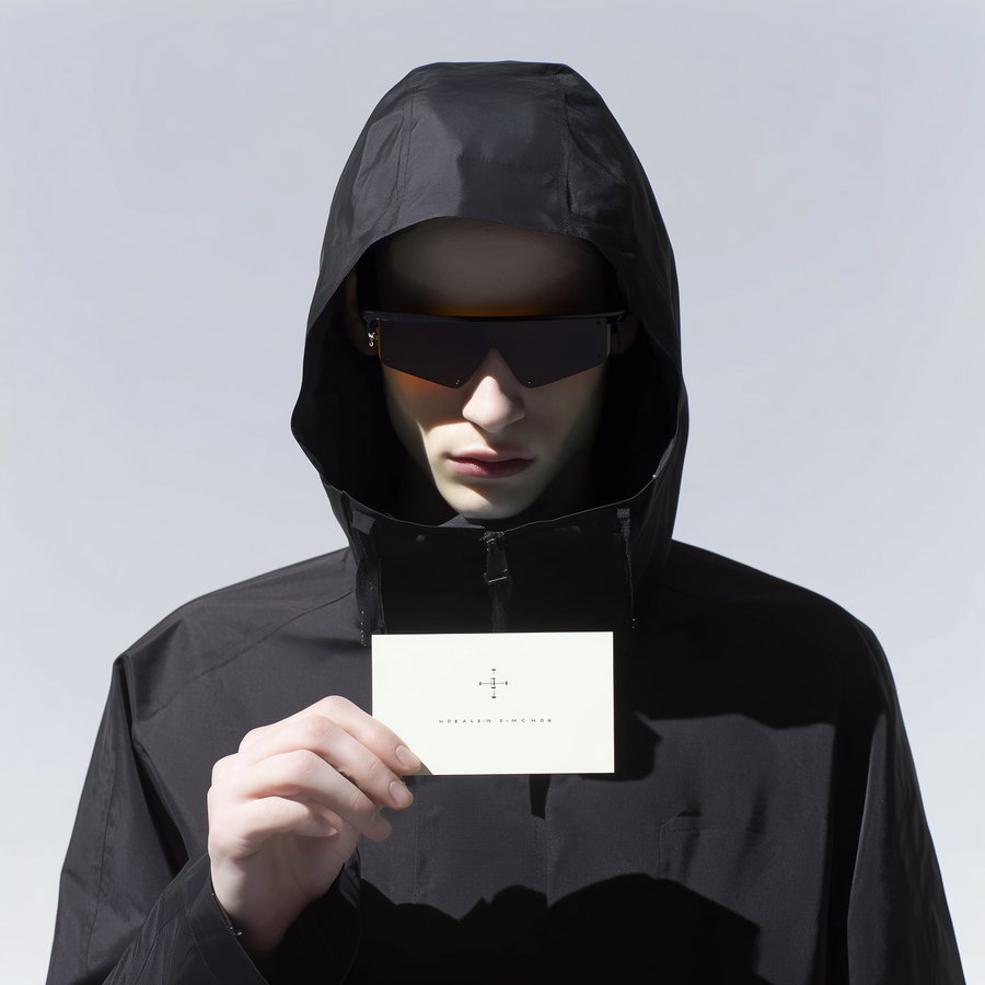A man wearing a black hooded jacket and large dark sunglasses holds a white card with a small symbol and text in front of a grey background