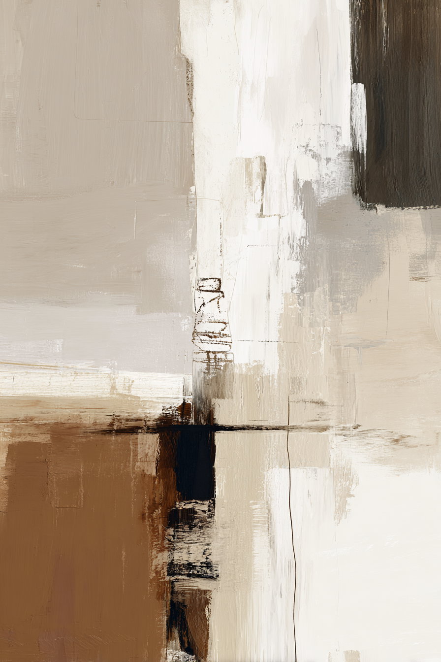 abstract painting with beige, brown, cream, and black color blocks and textured brush strokes