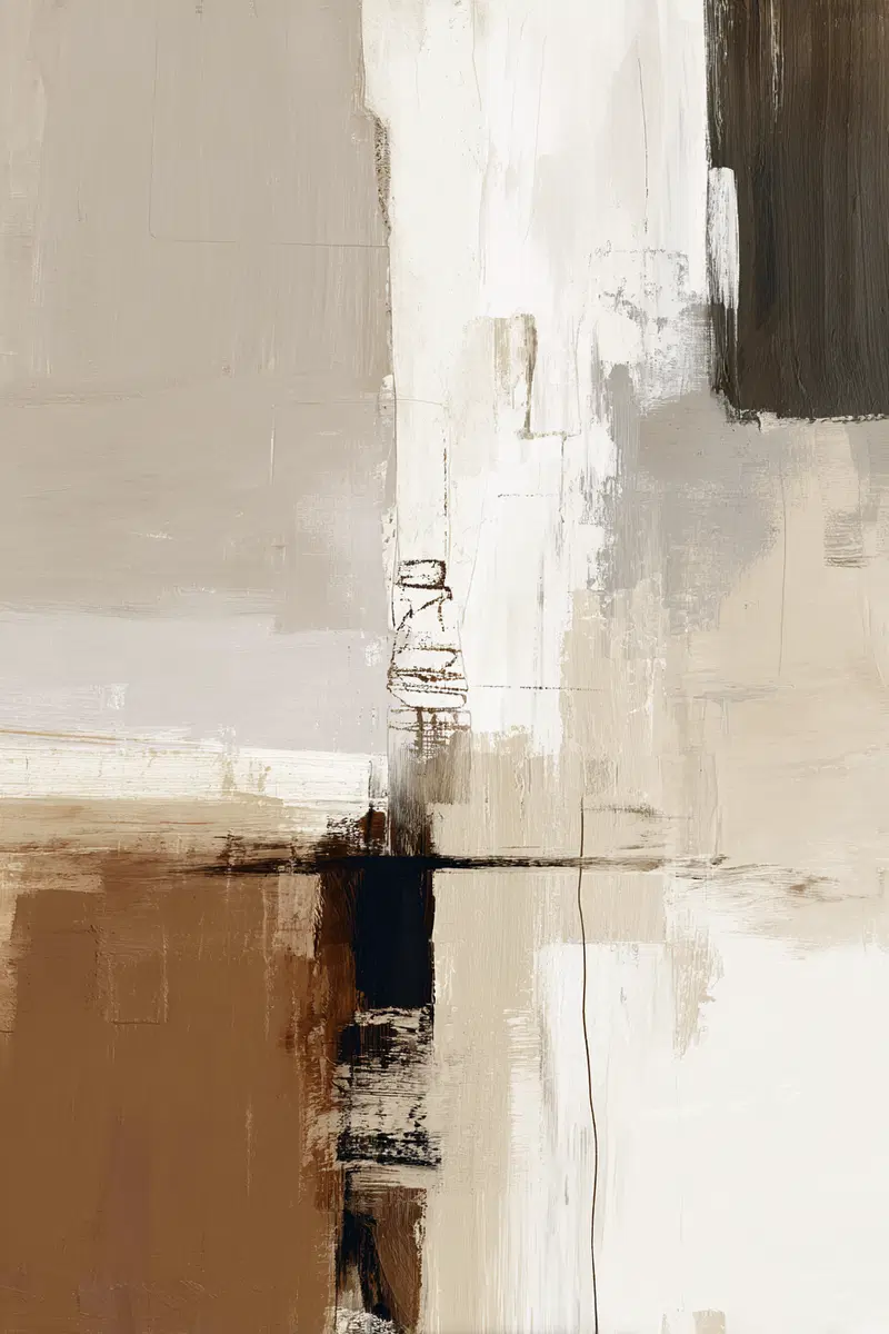 Neutral toned abstract painting with textured brush strokes and geometric forms