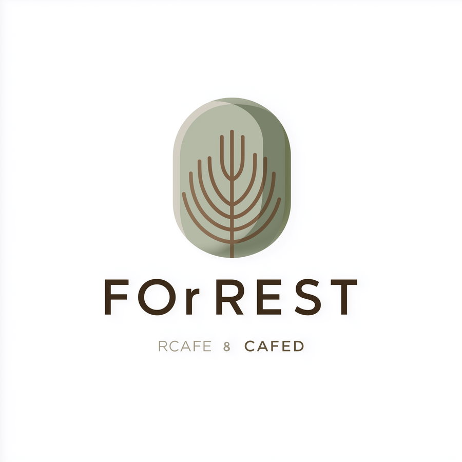 A minimalist logo featuring a stylized brown tree with symmetrical branches inside a rounded greenish-gray shape on a white background with the text FOrREST below.
