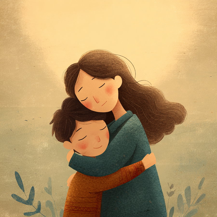 Digital illustration showing a woman with long brown hair hugging a young child. Both have closed eyes and peaceful expressions, surrounded by soft plants and warm beige background.