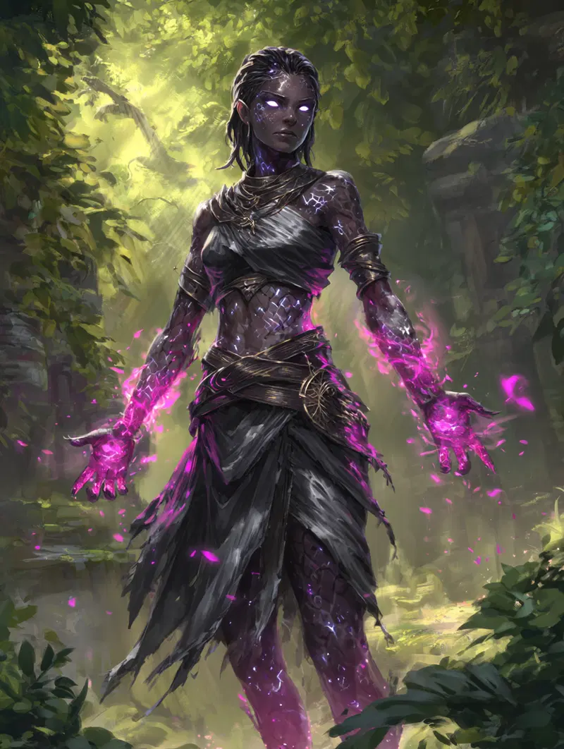 Dark fantasy character with glowing purple eyes and magic in a forest