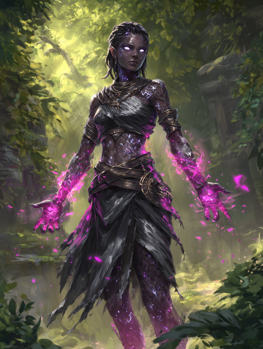 A dark-skinned woman with glowing purple eyes and cracked skin radiating purple magic from her hands, dressed in tattered black clothing, standing in a lush green forest with sunlight filtering through the leaves