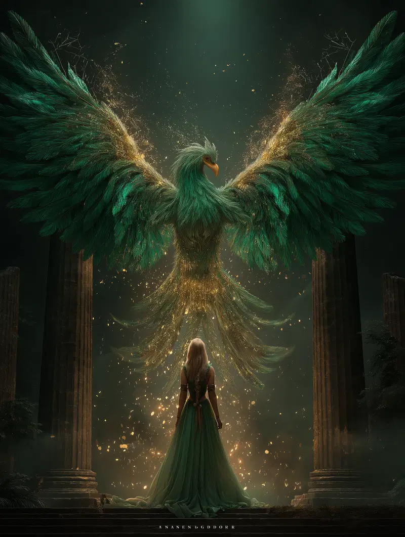 A fantasy scene showing a glowing green phoenix rising before a woman in an ancient ruin