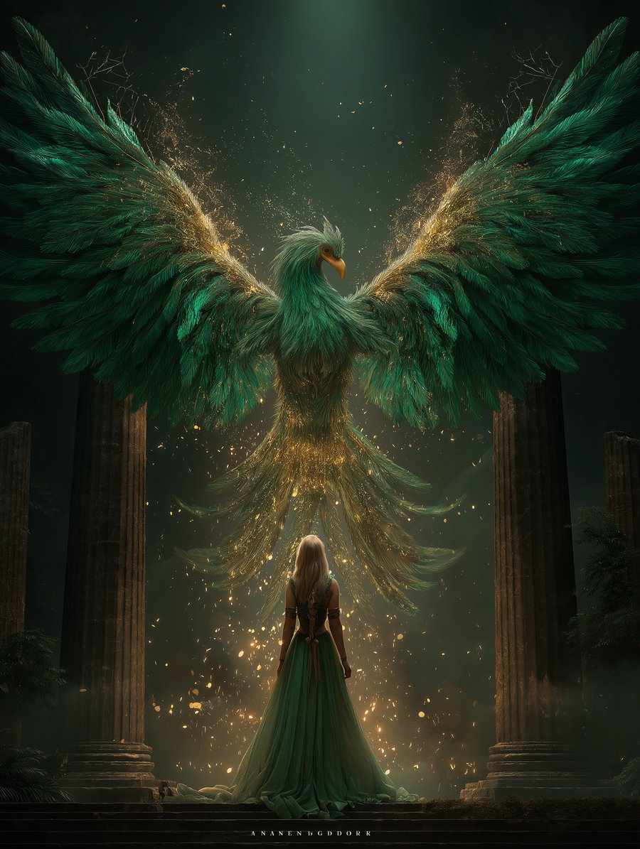 A large glowing green phoenix with spread wings rises in front of a woman in a flowing green dress standing among ancient stone columns with golden sparks floating around