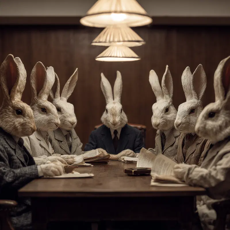 Surreal meeting scene featuring humanoid rabbits in vintage suits at a conference table