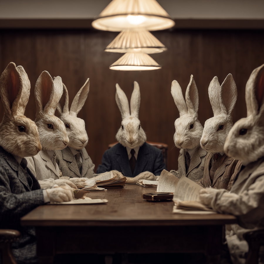 Humanoid rabbits wearing vintage suits sitting around a wooden conference table with papers and books under warm overhead lighting in a dark wood paneled room