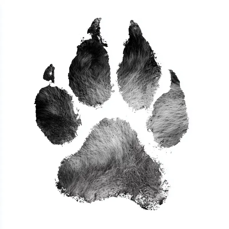 Detailed close-up of a textured animal paw print in black and white