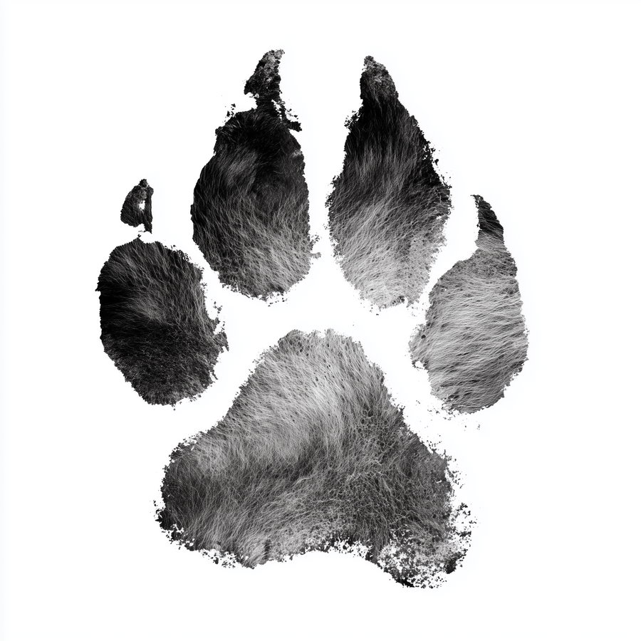 Black and white artistic image of an animal paw print with detailed fur texture inside the print