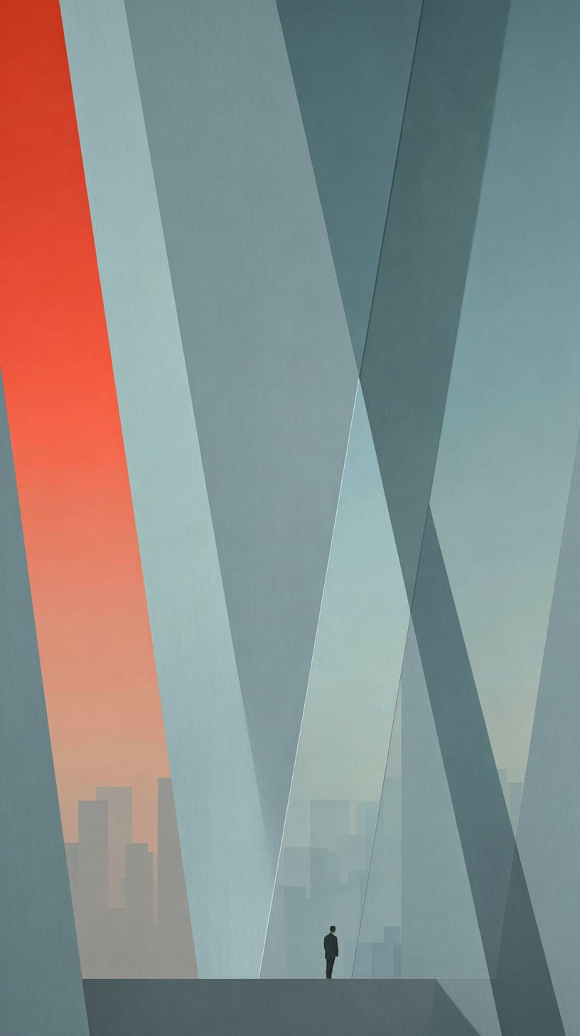A small man in a suit standing on a platform surrounded by enormous angled geometric shapes with a hazy city skyline in the background and an orange gradient sky