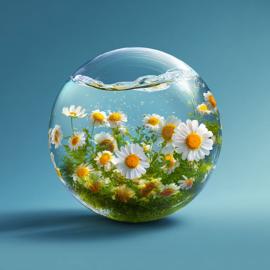 A transparent glass sphere containing white daisies with yellow centers and green foliage inside, set against a plain blue background