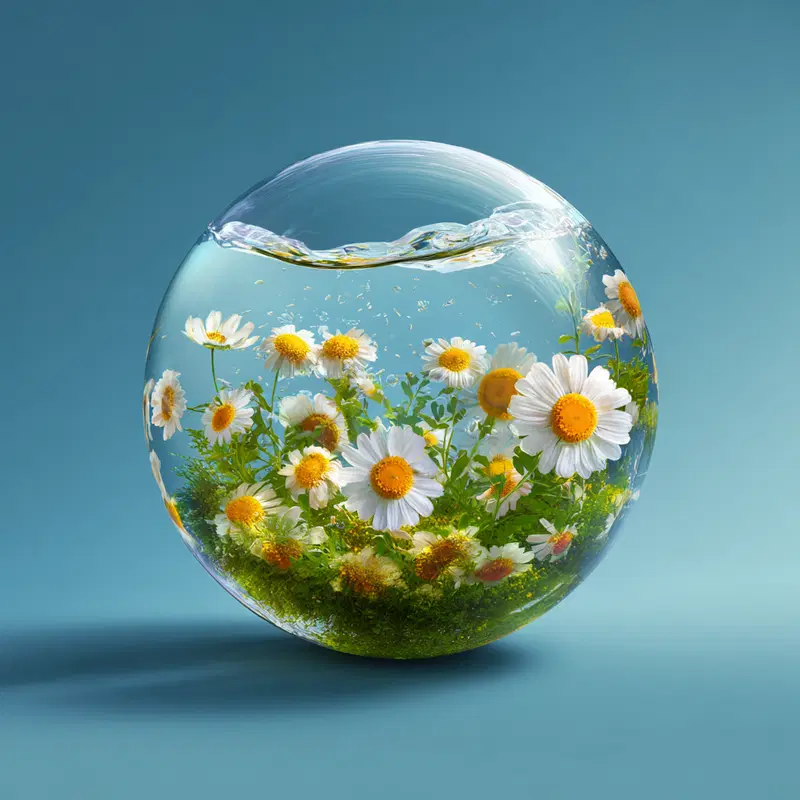 Delicate daisies and green plants encased in a clear glass sphere