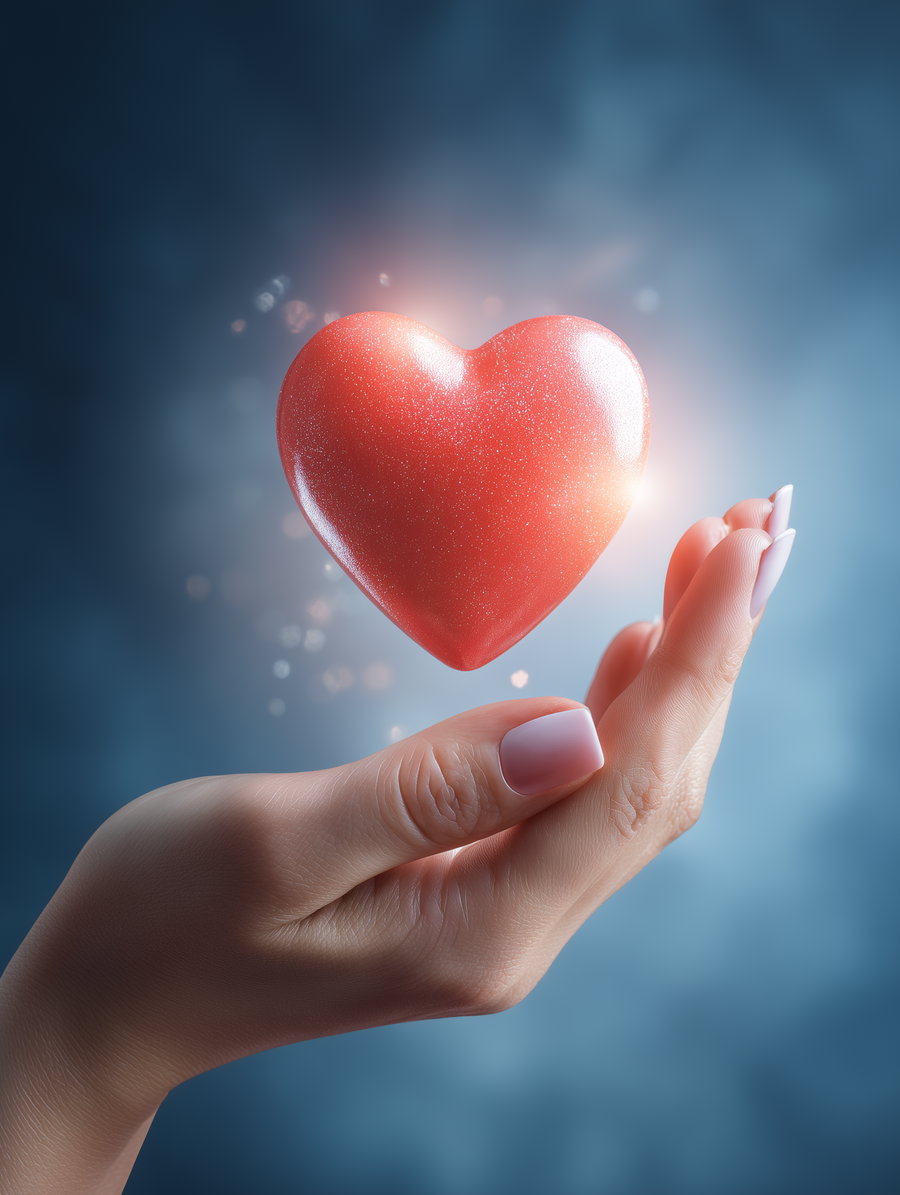 Close-up of a hand with manicured nails gently holding a glowing red heart shape against a blurred blue background with sparkles and light effects