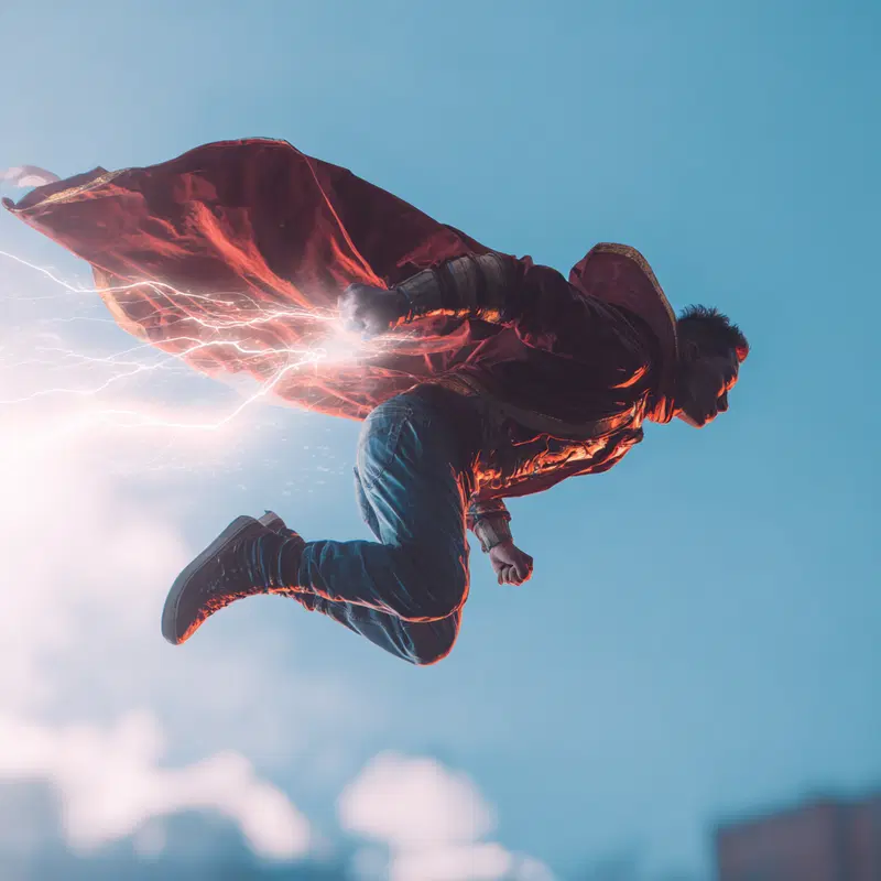 Dynamic fantasy art of a man in a red cape flying with lightning powers