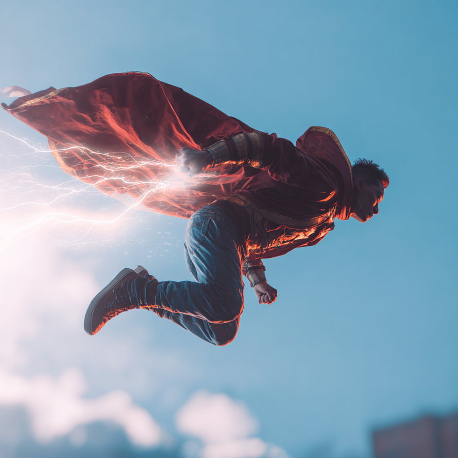 A man wearing a flowing red cape and casual clothes is flying through the sky with electric lightning effects emanating from his clenched fist, set against a blue sky backdrop.