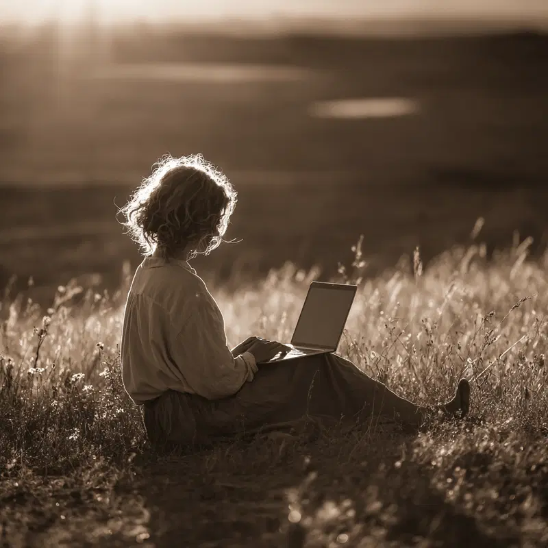 Peaceful outdoor portrait of woman working on laptop at sunset