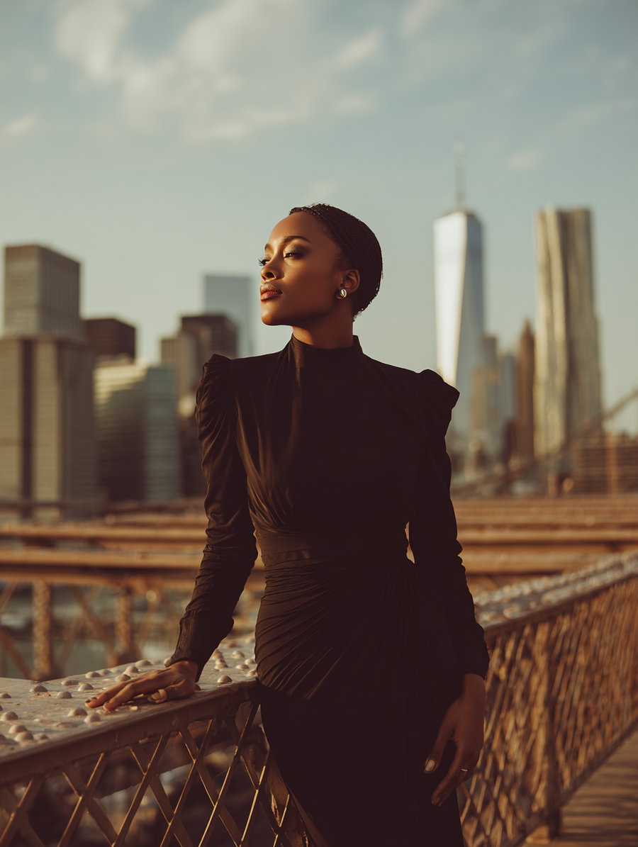 A woman with braided hair and silver earrings wearing a fitted black dress with puffed shoulders, standing on a bridge with city buildings and a skyscraper in the background during golden hour