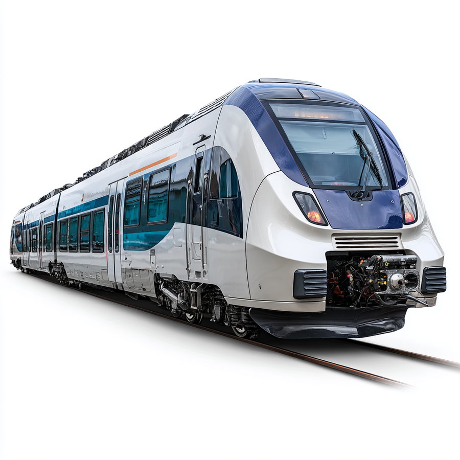 A sleek modern passenger train with white and blue body design moving on railway tracks against a white background