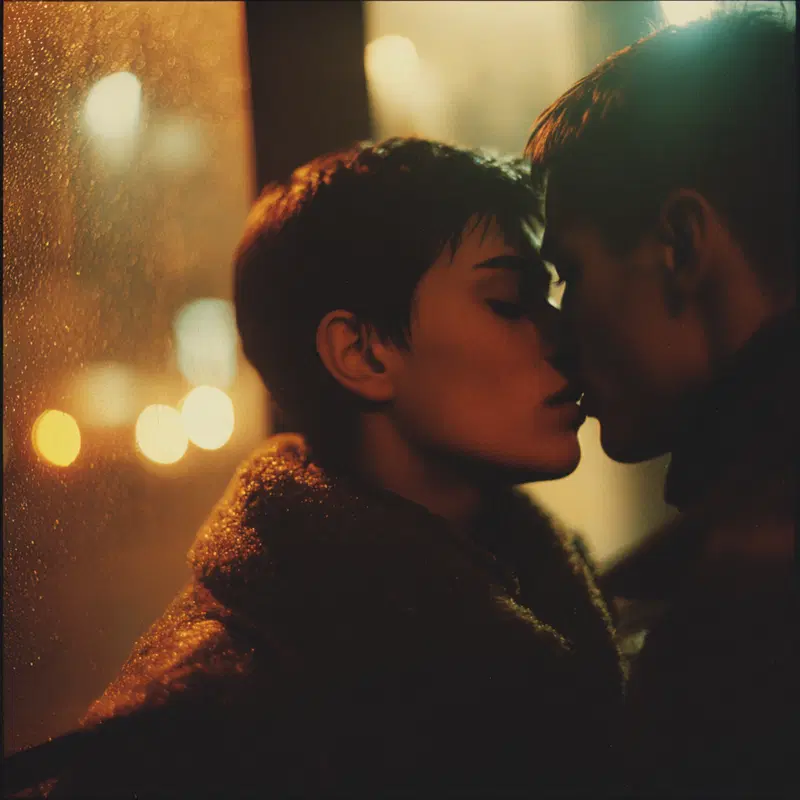Emotional portrait of two people about to kiss in a dimly lit setting