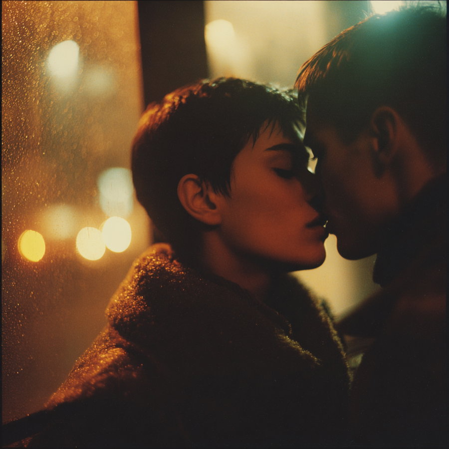Two people with short hair facing each other closely, about to kiss, illuminated by warm light with a blurry background and wet window pane