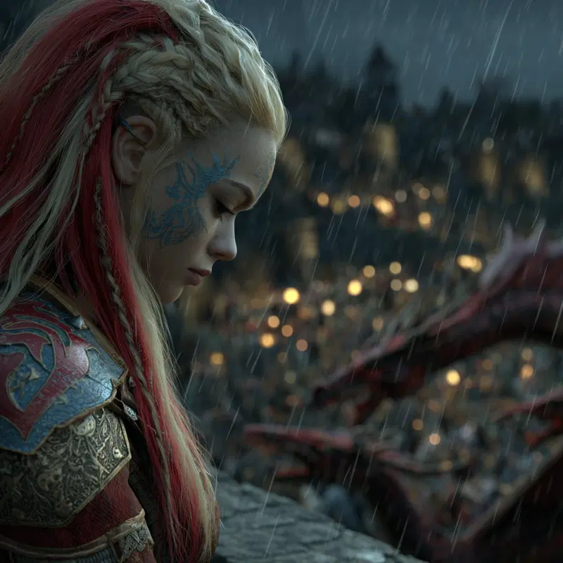 Detailed fantasy warrior character with face tattoo and braided hair in rain