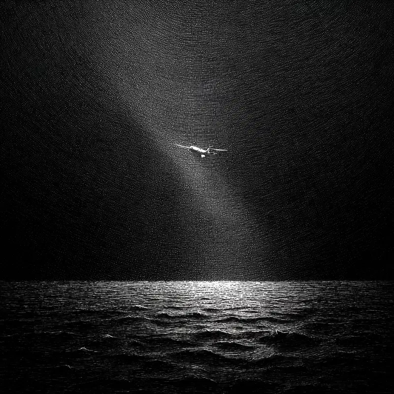 Monochrome artwork of a plane flying over shimmering ocean waves at night