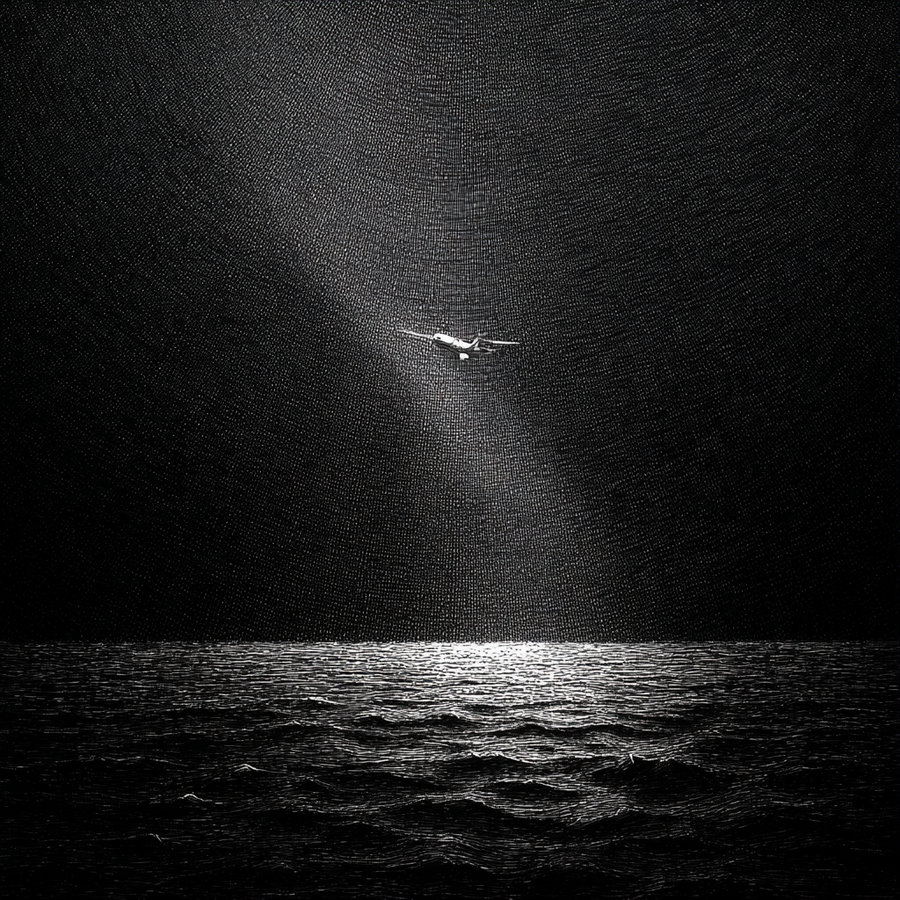 Black and white textured image showing an airplane flying above the dark ocean with light reflecting off the water surface