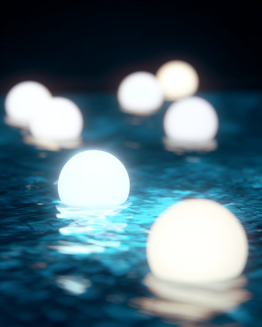 Glowing white spheres floating on dark blue water with reflections in a night setting