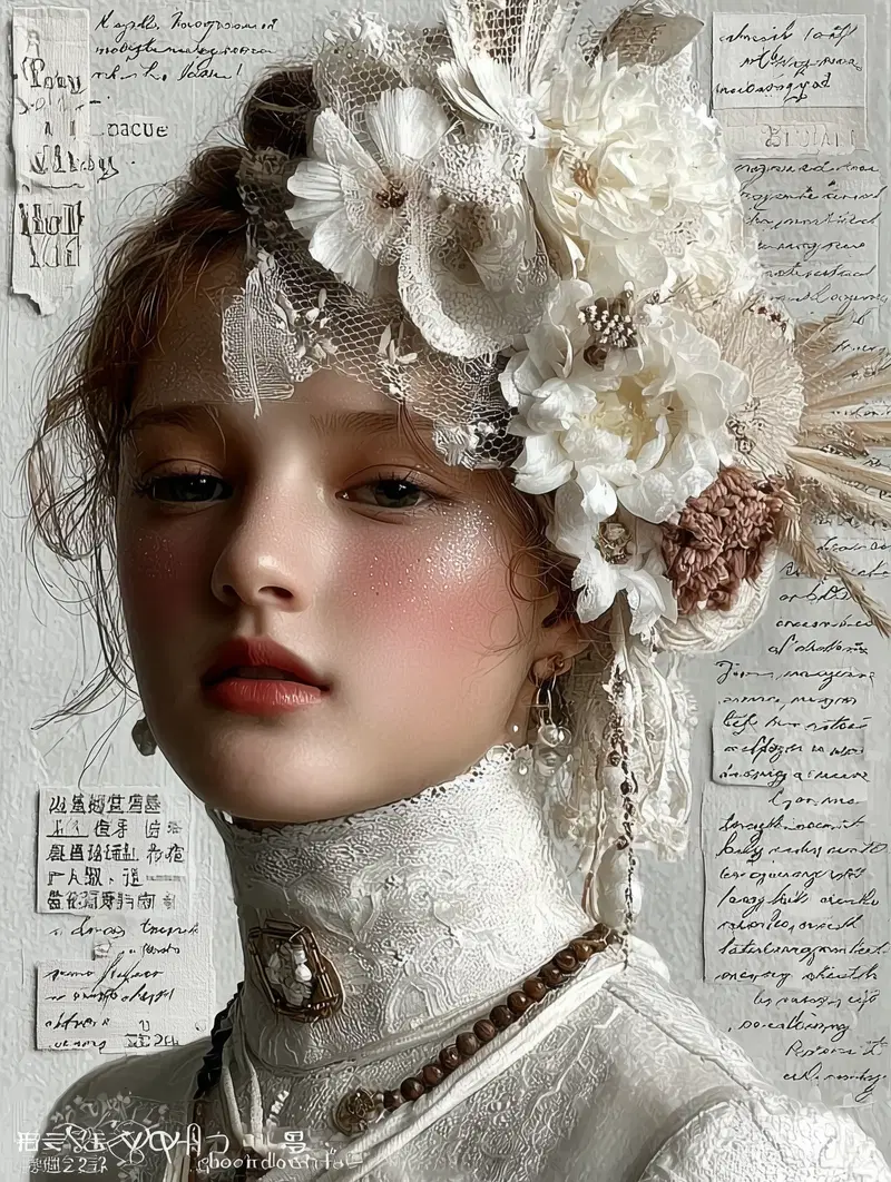 Detailed portrait of a woman in vintage lace attire with floral headpiece
