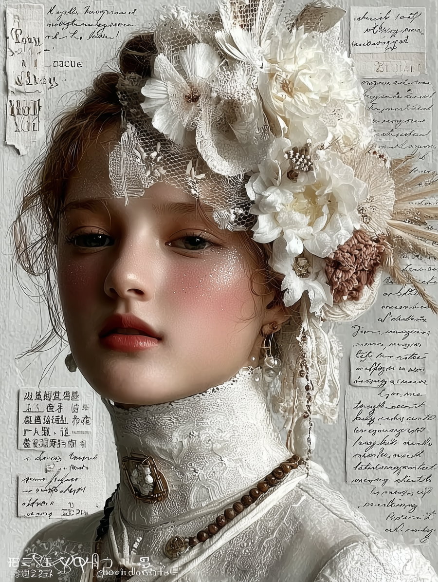 Close-up portrait of a young woman wearing an intricately detailed lace high-neck dress and a white floral headpiece with netting, against a textured background with handwritten text.
