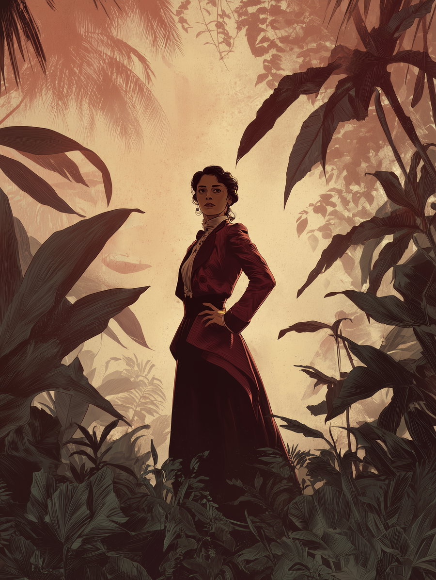 A digital artwork of a woman wearing a long dark skirt and a maroon jacket with a high collar blouse, standing with one hand on her hip. She is surrounded by large tropical leaves and plants with a misty background in warm tones.