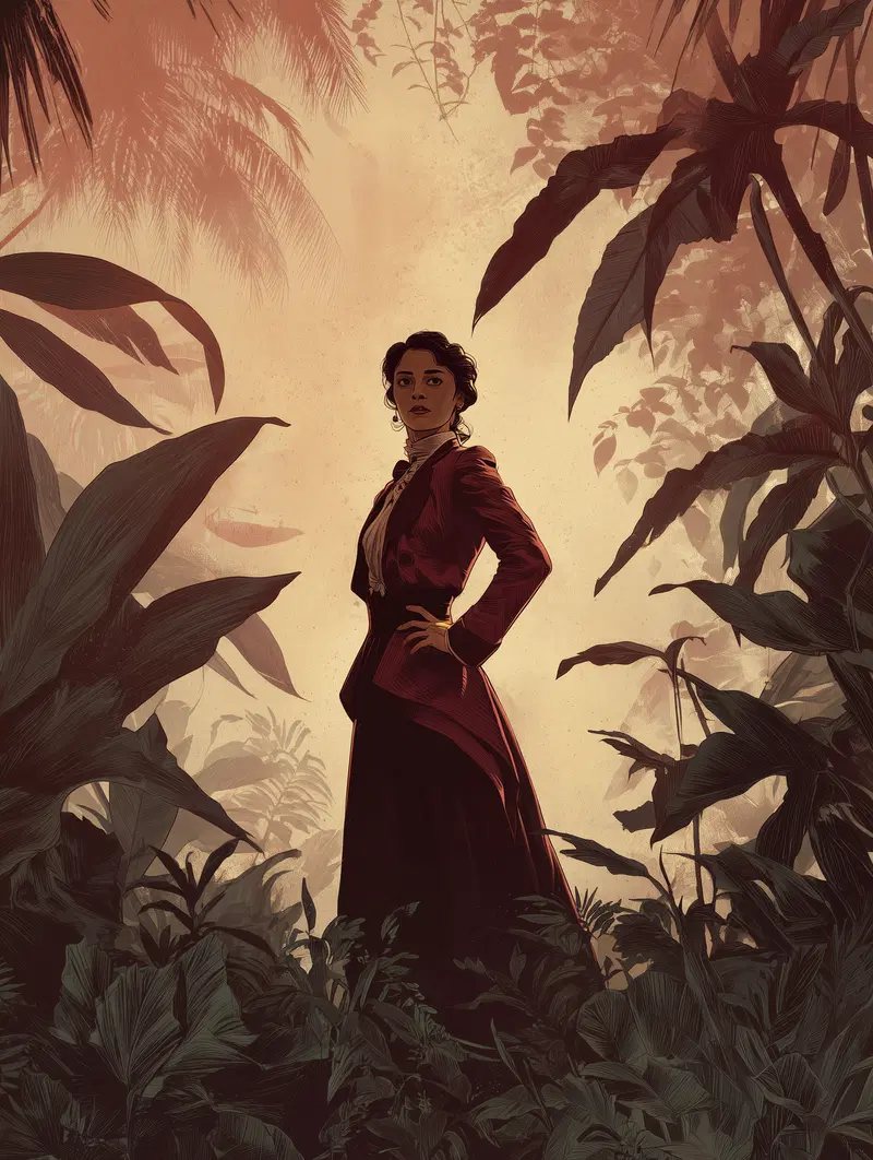 Elegant woman standing confidently in a lush jungle setting with vintage attire
