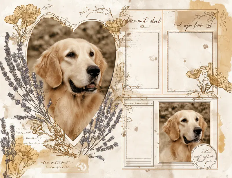 Artistic portrait of a golden retriever dog with floral vintage background