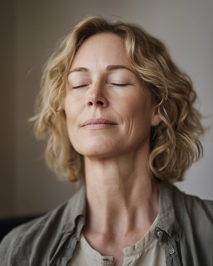 Close-up portrait of a middle-aged woman with curly blonde hair, eyes closed, showing a peaceful expression, wearing a green shirt over a beige top with a neutral background.
