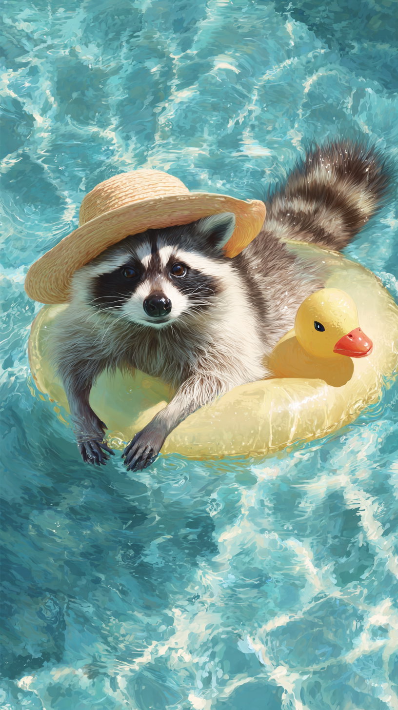 A raccoon in water wearing a straw hat, resting paws on a yellow inflatable duck ring in a bright, rippling pool
