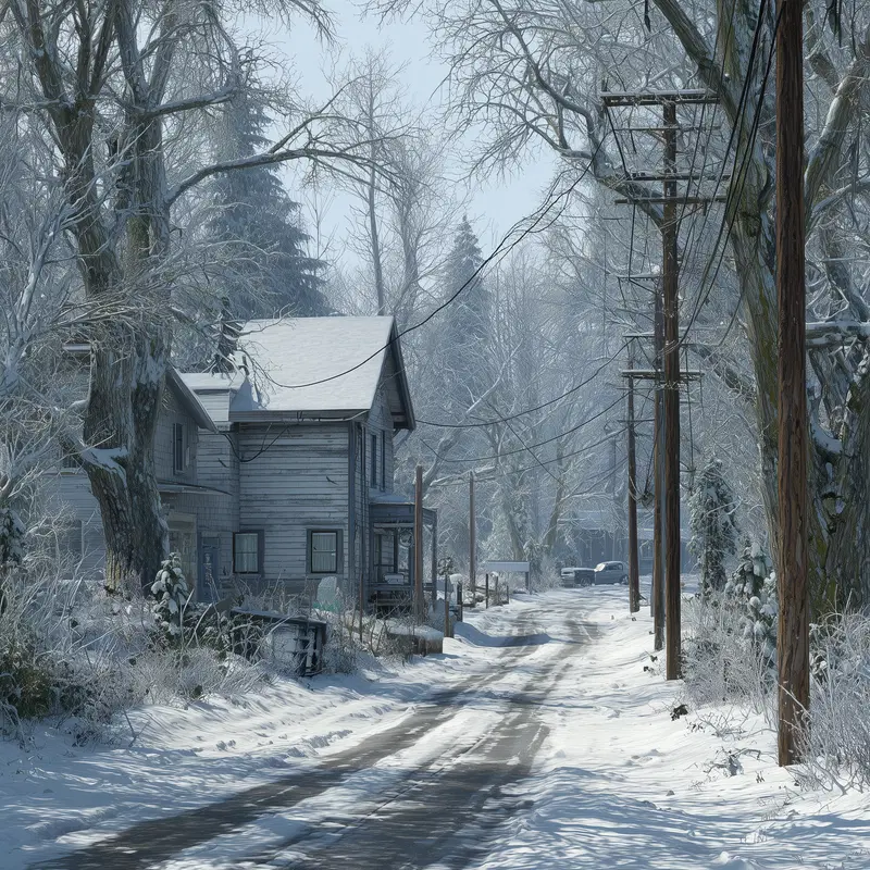 Snow-covered rural road with old houses and trees in winter