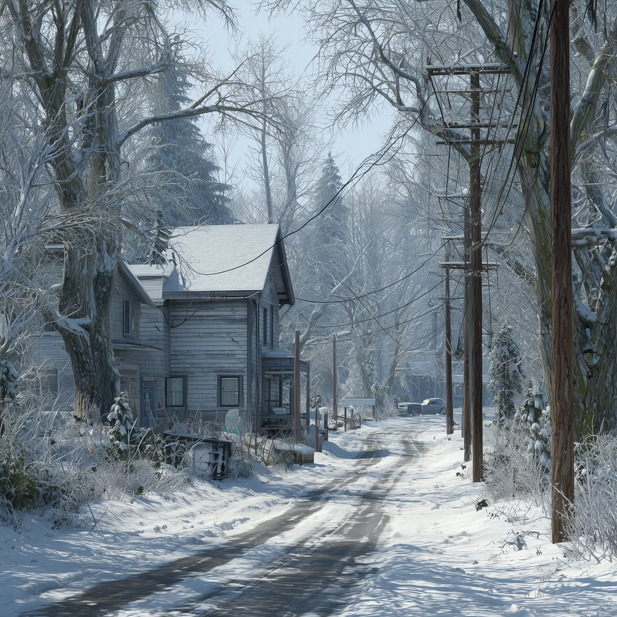 A snow-covered country road lined with telephone poles and bare trees, old wooden houses on the side, and snow on the ground and rooftops on a clear winter day