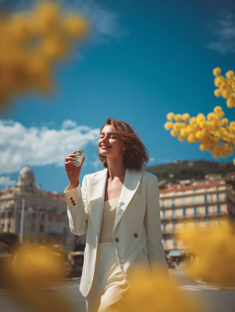 Confident woman in white suit holding perfume bottle outdoors in city