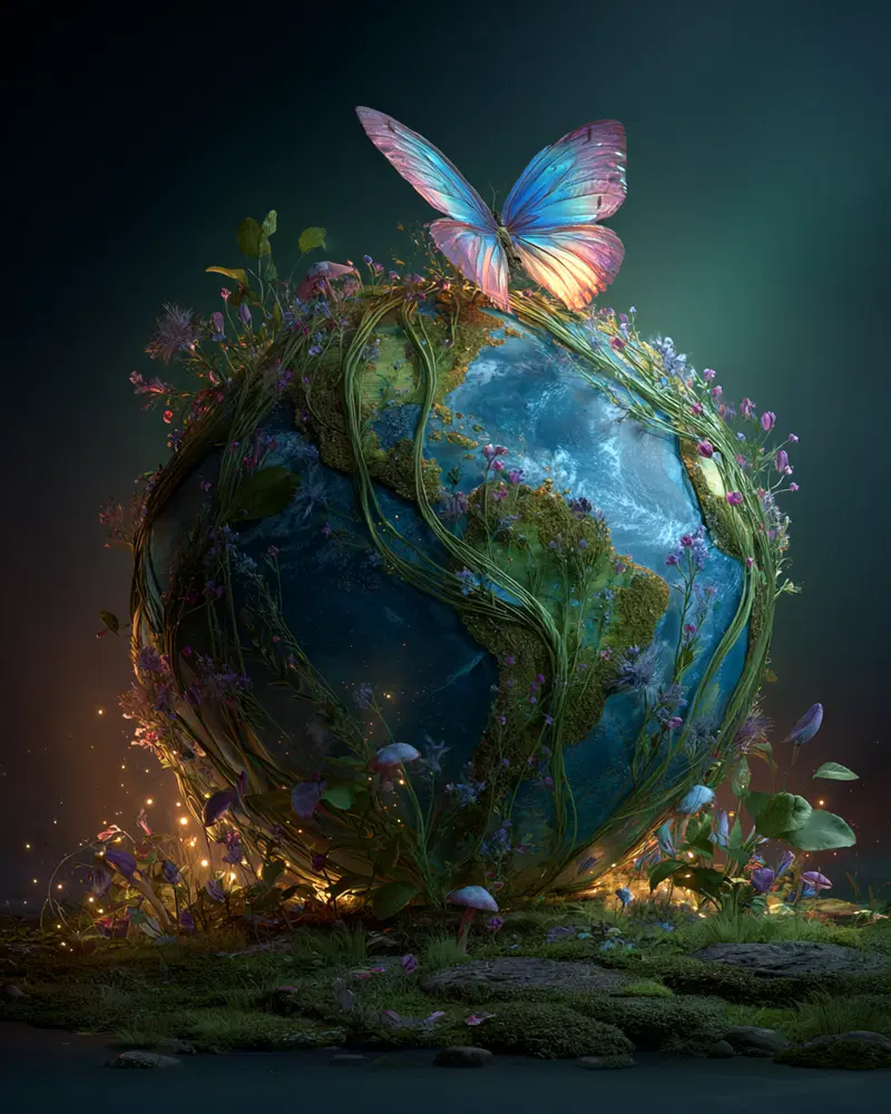 A surreal fantasy globe entwined with flowers and a glowing butterfly