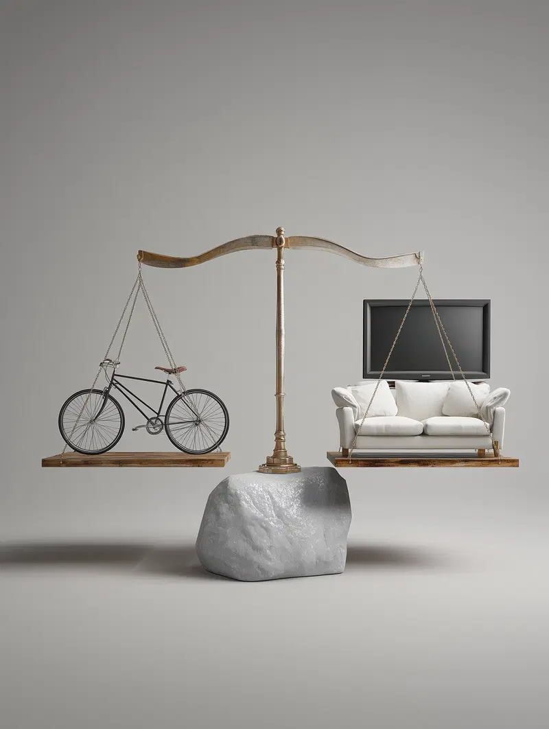 Conceptual art showing a balance scale comparing a bicycle and a sofa with a TV