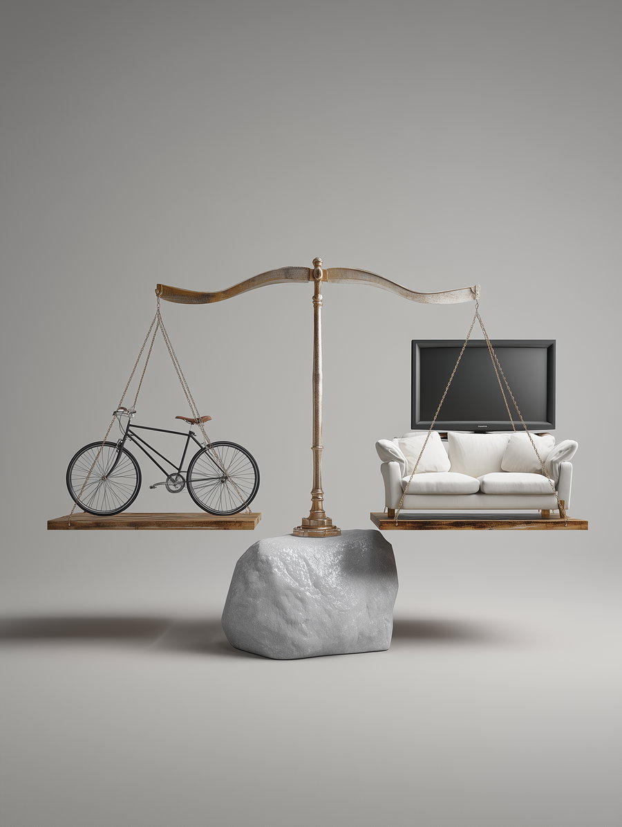 A balance scale with a wooden plank holding a bicycle on the left side and another plank holding a white sofa and a TV on the right side, with the scale balanced on a large rock against a plain background