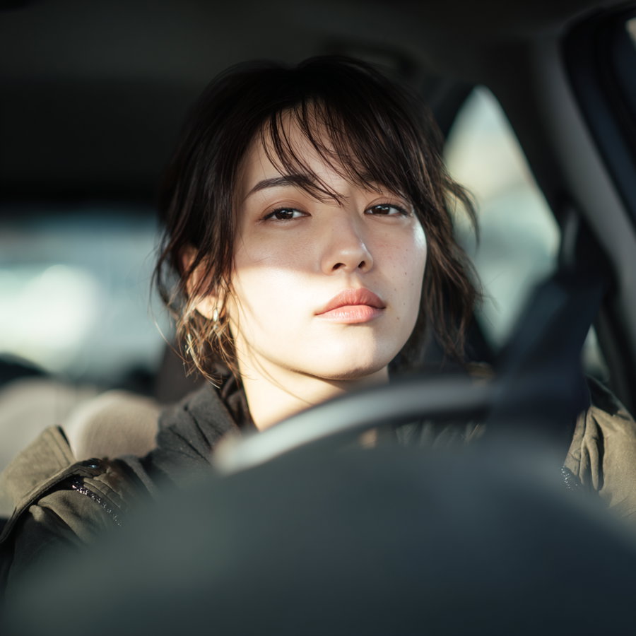 A young woman with dark hair and natural makeup is seated inside a car, looking directly at the camera, with sunlight casting soft shadows on her face and the car interior slightly blurred in the background
