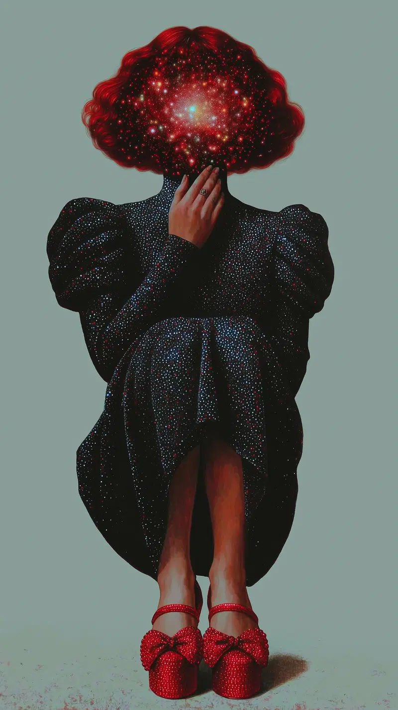 Surreal portrait of a woman with a galaxy-like head and detailed black dress with red shoes