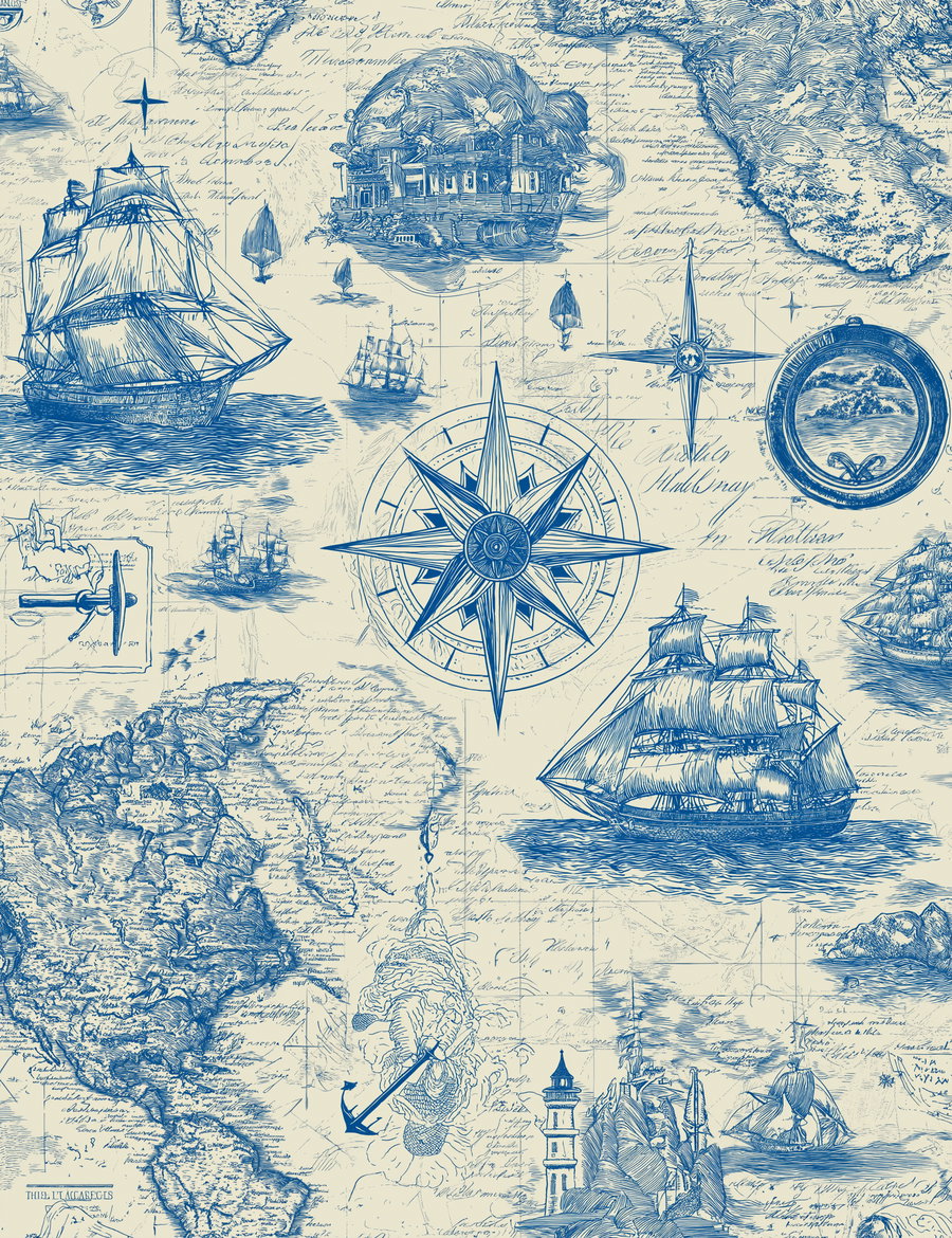 Vintage map illustration featuring old sailing ships, a large compass rose, coastlines, and handwritten script, all in blue ink on a cream background.