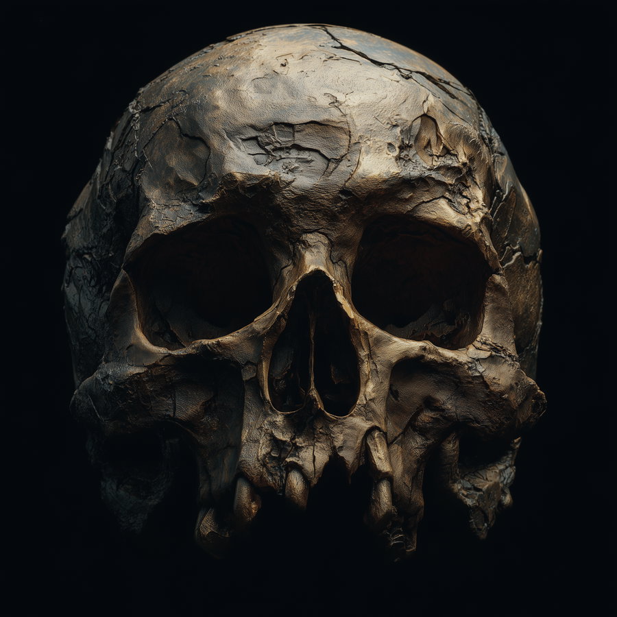 A highly detailed close-up image of a weathered human skull with cracks and rough texture, set against a completely black background.