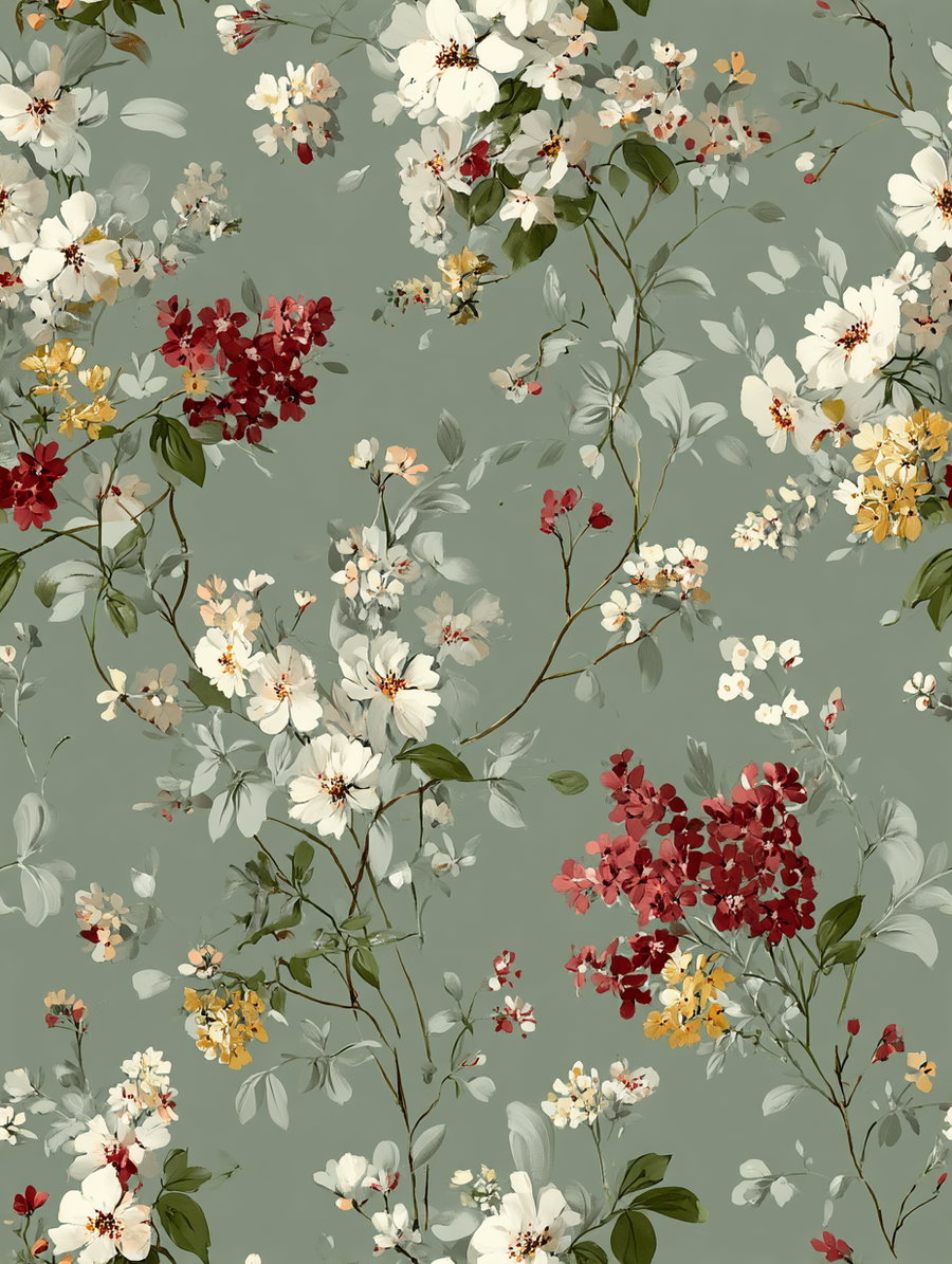 A seamless floral botanical design featuring clusters of white, red, and yellow flowers with green leaves and delicate branches on a muted green background