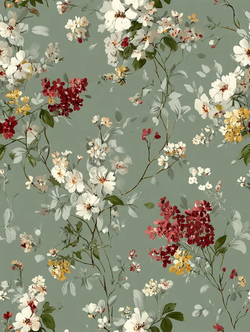 A detailed floral pattern with white, red, and yellow flowers on a muted green background