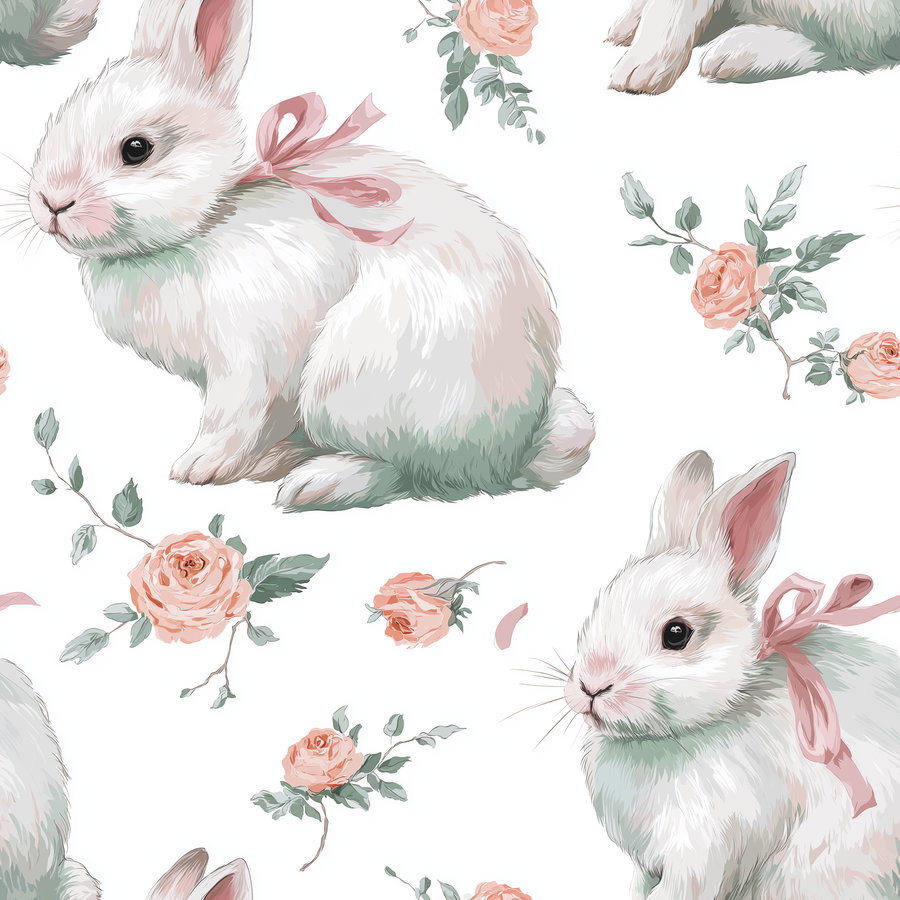 Illustration of white rabbits with pink bows around their necks, surrounded by peach-colored roses and green leaves on a white background