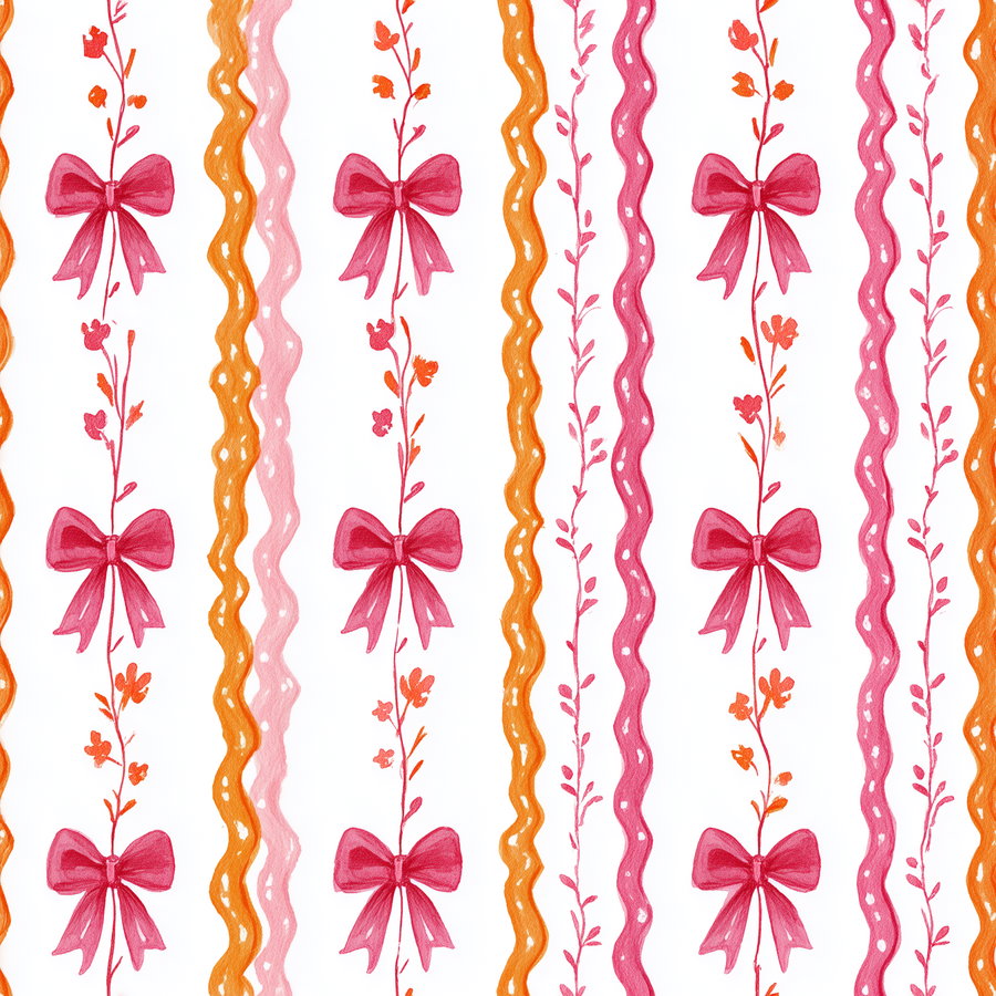 Pattern with vertical stripes featuring pink bows, orange flowers, and wavy ribbons on a white background