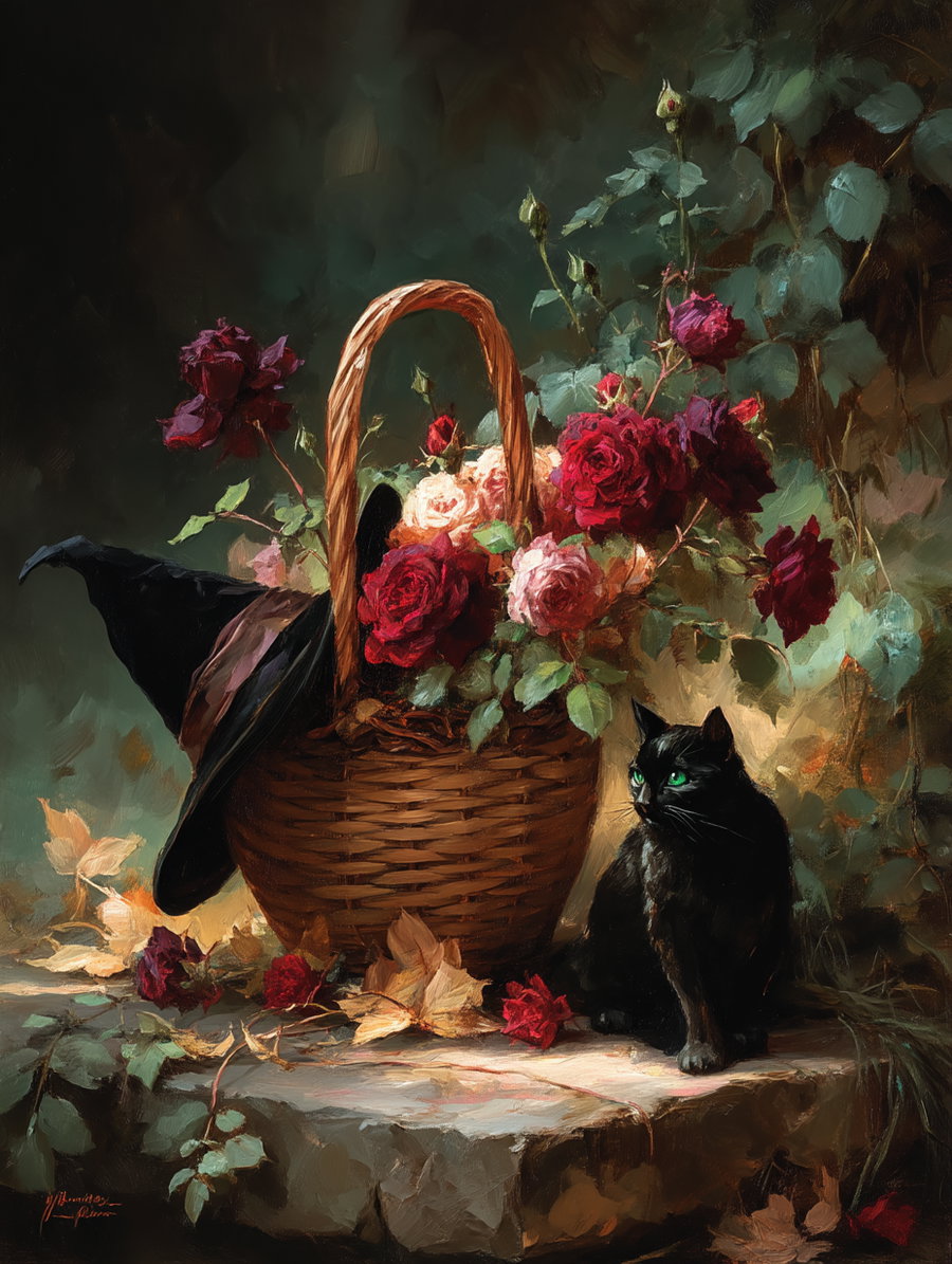 A still life scene depicting a woven basket filled with red and pink roses, a black witch hat resting on the basket handle, and a black cat with green eyes sitting next to the basket on a stone surface with scattered rose petals and leaves.